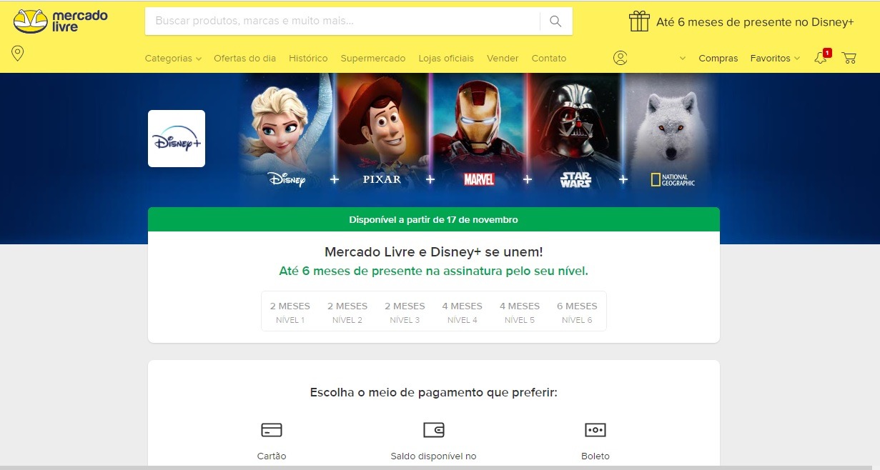 Parceria entre Mercado Livre e Disney Plus garante aos assinantes até 6 meses grátis