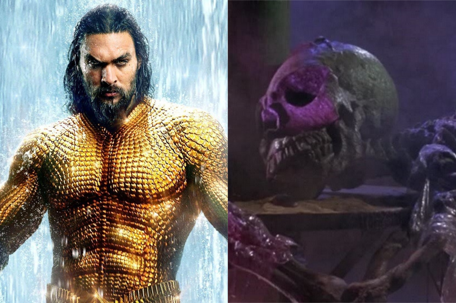À esquerda, Jason Momoa como Aquaman; à direita, uma cena do filme O Planeta dos Vampiros (Imagem: Reprodução/Warner Bros. | American International Pictures)
