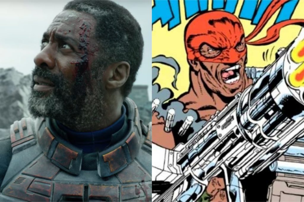 À esquerda, Idris Elba como Sanguinário; à direita, o personagem nos quadrinhos (Imagem: Reprodução/Warner Bros. | DC)