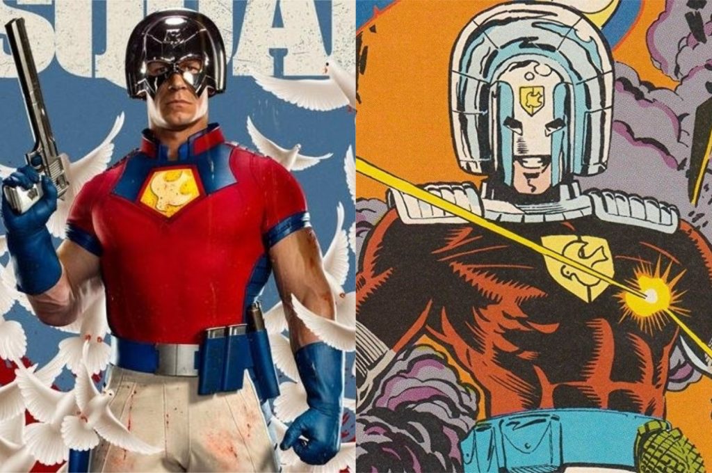 À esquerda, John Cena como O Pacificador; à direita, o personagem nos quadrinhos (Imagem: Reprodução/Warner Bros. | DC)