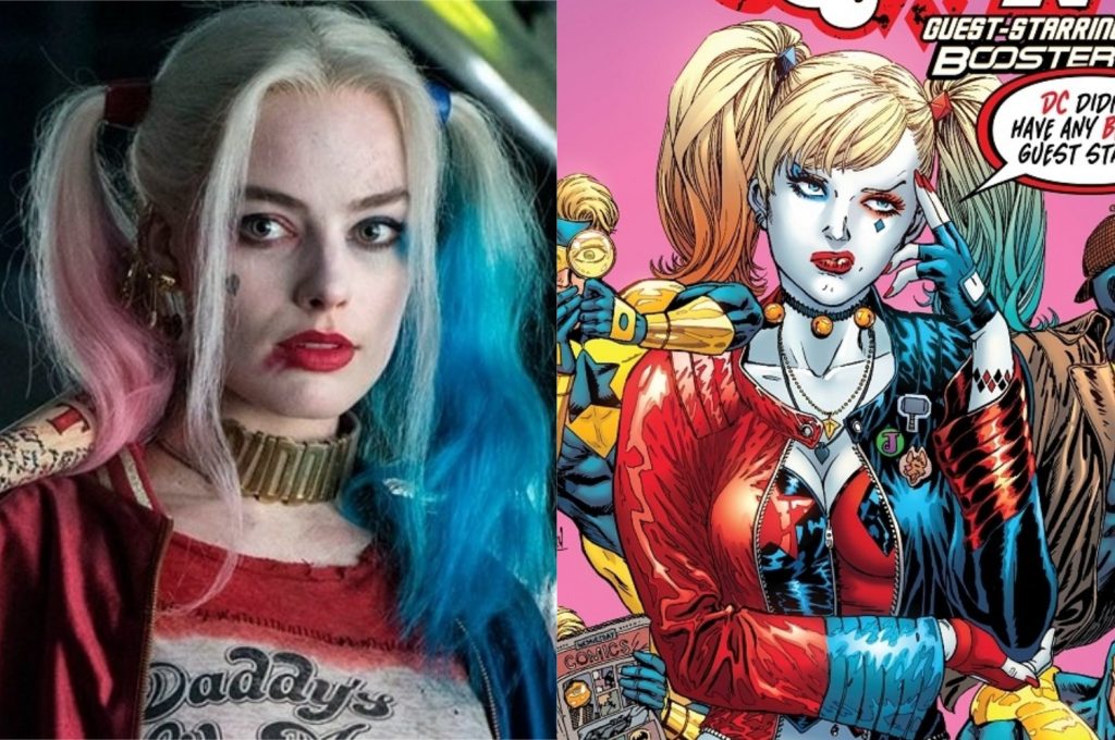 À Esquerda, Margot Robbie como Arlequina; à direita, a personagem nos quadrinhos (Imagem: Reprodução/Warner Bros | DC)