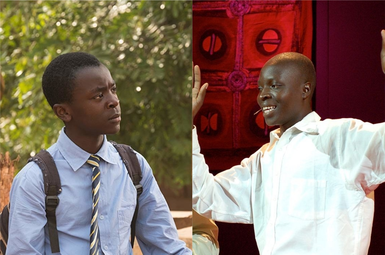 À esquerda, o ator Maxwell Simba interpretando William no filme; à direita, o verdadeiro William Kamkwamba em sua participação no TED (Imagem: Reprodução/TED | Netflix)