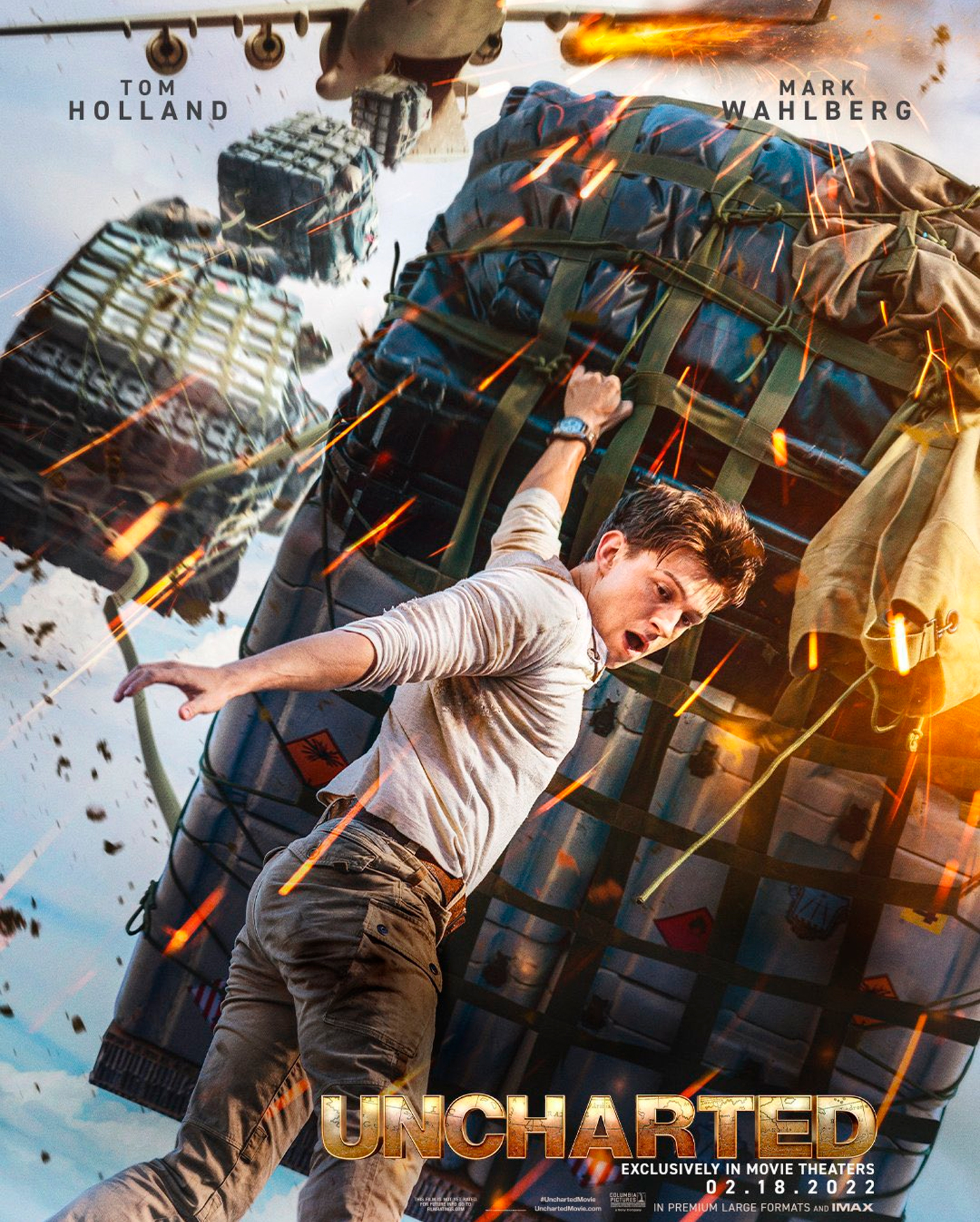 Tom Holland cai de avião em pôster oficial de "Uncharted - Fora do Mapa" (Imagem: Divulgação/Sony Pictures).