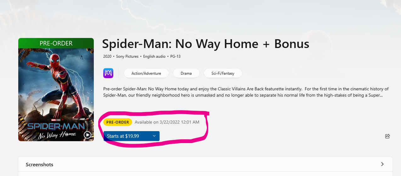 "Homem-Aranha: Sem Volta Para Casa" estreia no dia 22 de março no formato digital (Imagem: Reprodução/Microsoft Store).