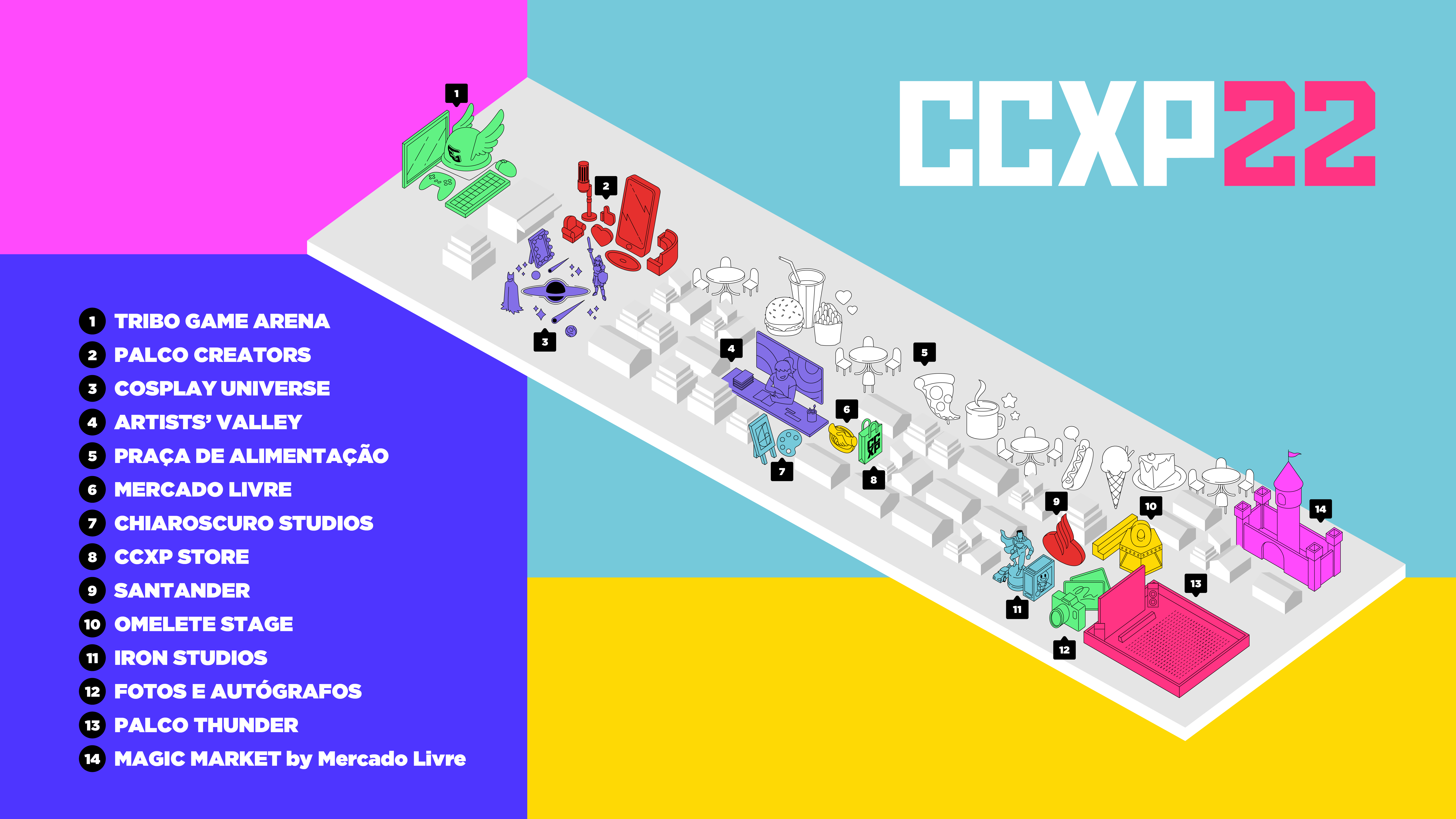 Mapa oficial da CCXP 2022 mostra distribuição de palcos, estandes e espaços (Imagem: Divulgação/CCXP).