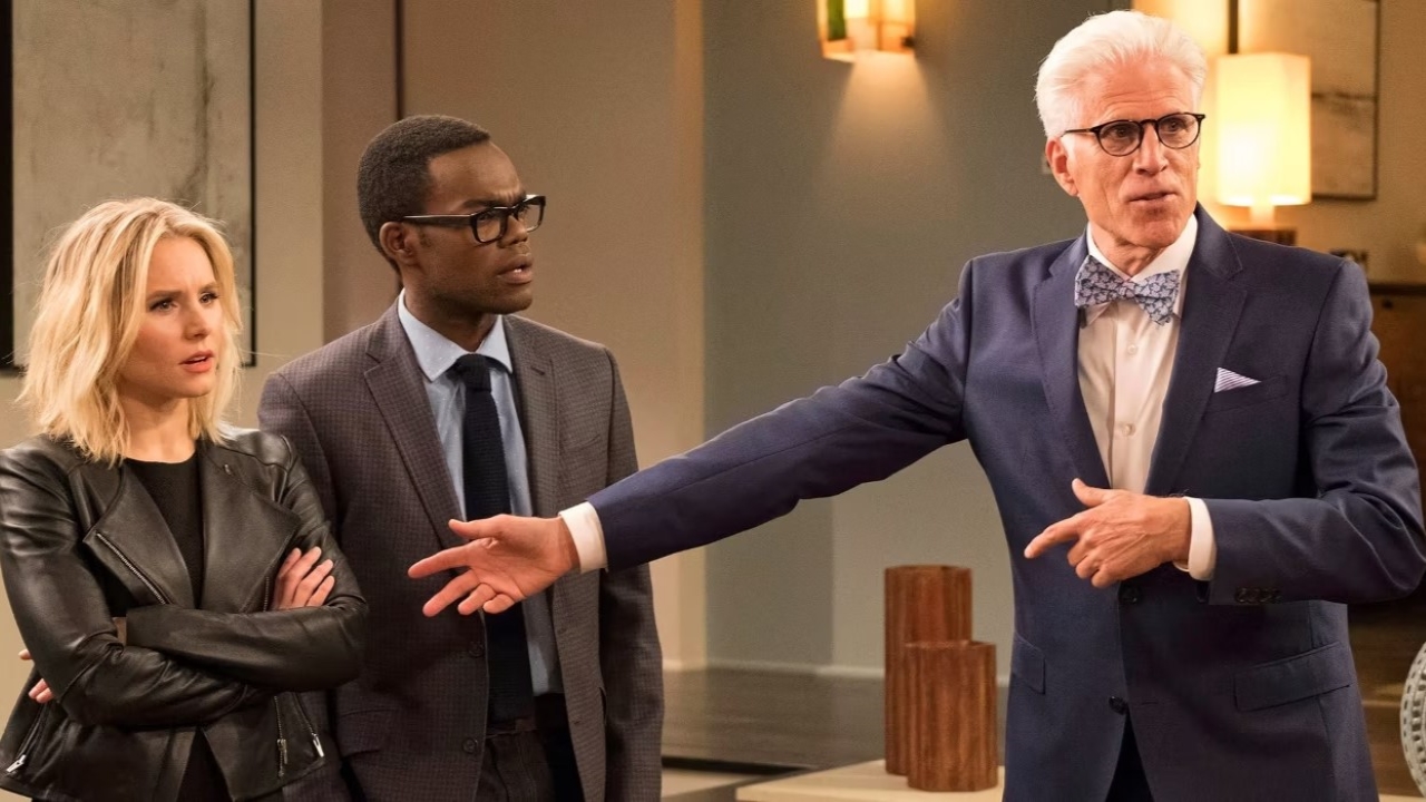 Eleanor (Kristen Bell), Chidi (William Jackson Harper) e Michael (Ted Danson) em The Good Place (Reprodução)