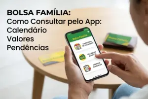 Pessoa com smartphone mostrando app Bolsa Família e cartão na mesa