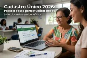 Mulheres atualizando Cadastro Único em laptop com assistência