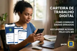 Mulher com smartphone e carteira de trabalho digital no Brasil 2026