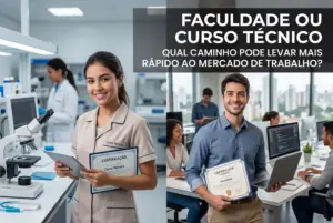 Mulher em laboratório e homem em escritório com certificados