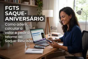 Mulher usando celular com dados financeiros, FGTS Saque-Aniversário