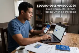 Jovem com laptop e smartphone analisando seguro-desemprego