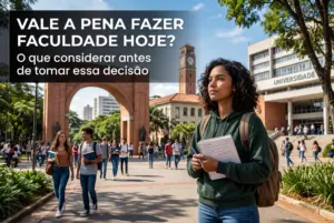 Aluna universitária contemplativa em campus vibrante, questionando o valor da faculdade hoje